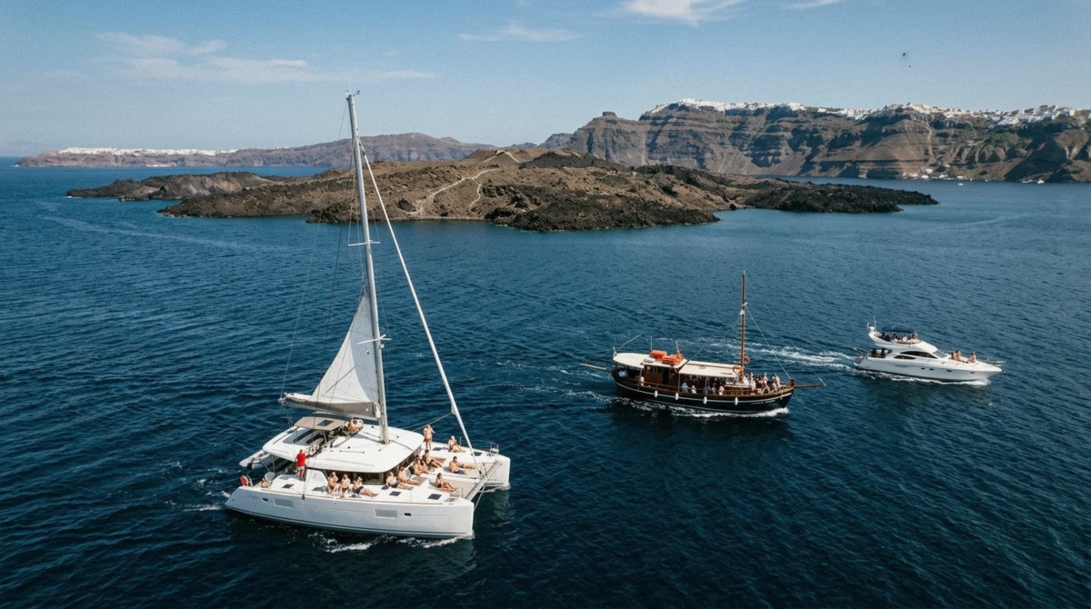 Three boats on the blue caldera water below the cliffs of Santorini during boat tours, Greece
