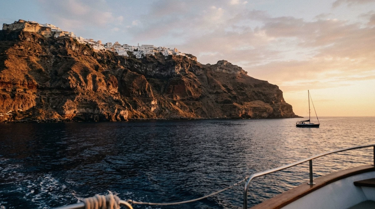 Warm evening light over the caldera cliffs seen from a Santorini sunset boat tour, Greece