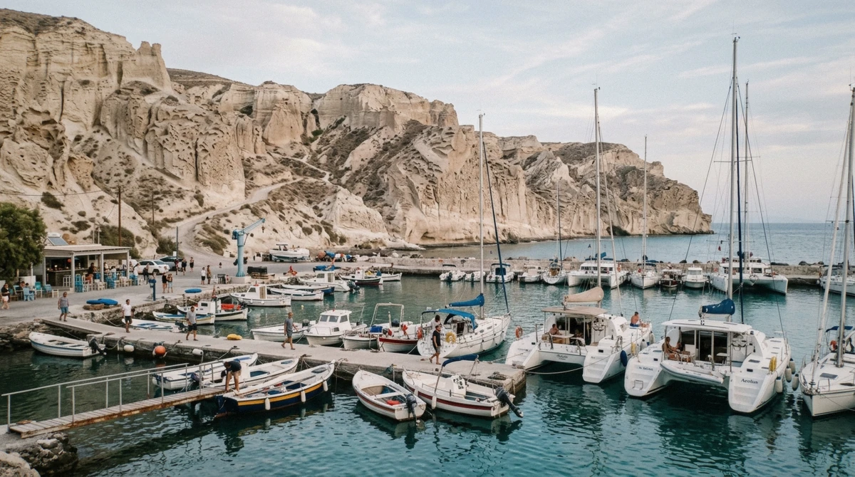 Licence-free motor boats moored at Vlychada Marina, the departure point for Santorini boat rentals, Greece
